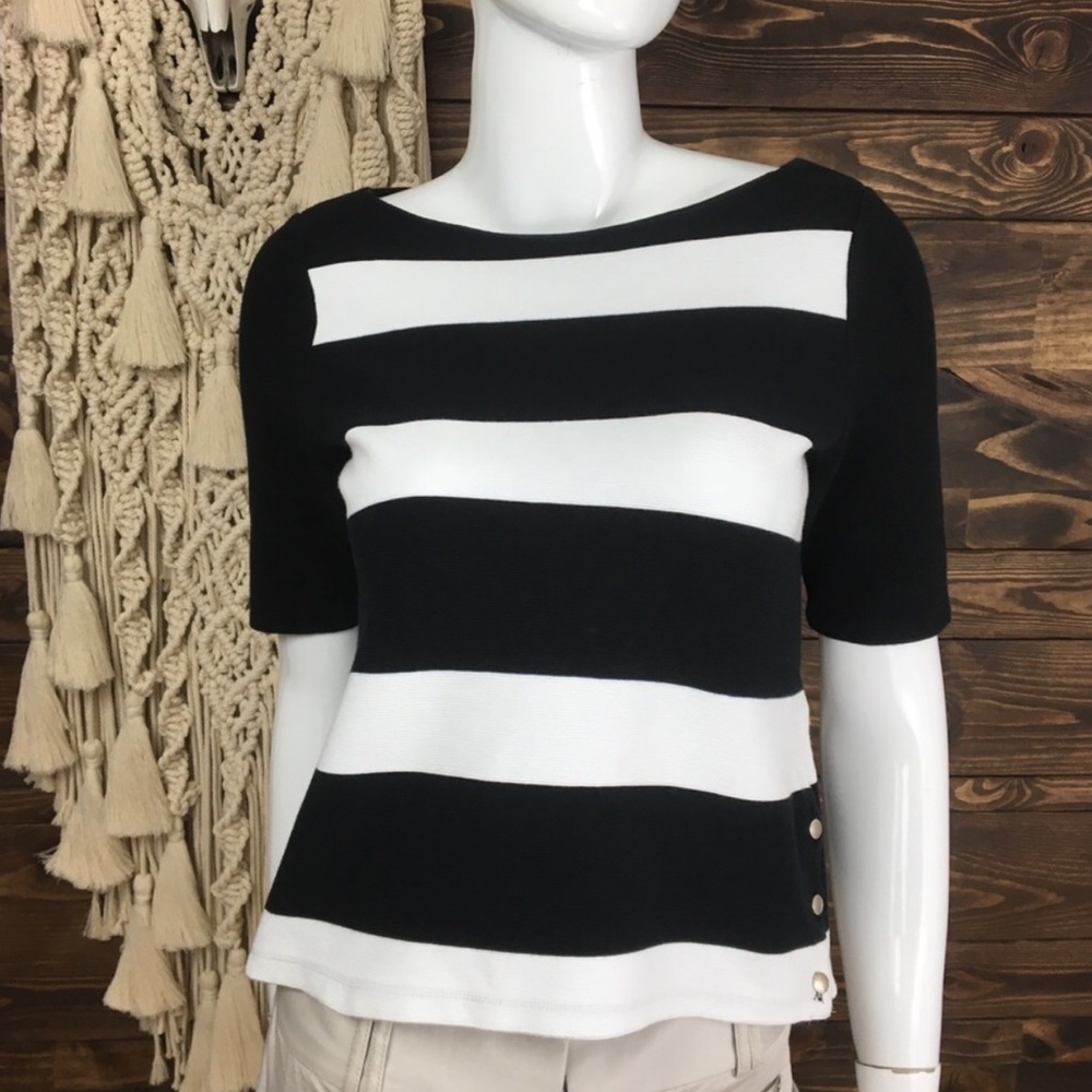 L Ralph Lauren | Ribbed Striped Sweater Blouse Button Accents Logo